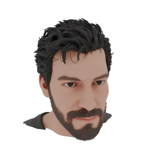 3D-Modell-Rendering einer Büste des Schauspielers Bruce Campbell, die sein Gesicht mit dunklem, welligem Haar und Bart zeigt.