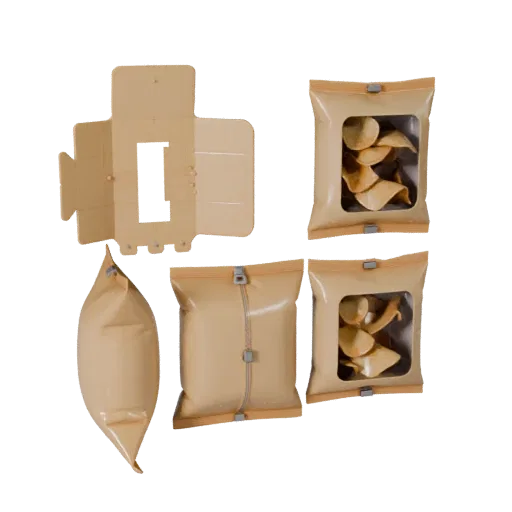 Bagged Chip Bag 3D model, three-quarter front view, AR viewer studio render, showing cardboard, package massing.