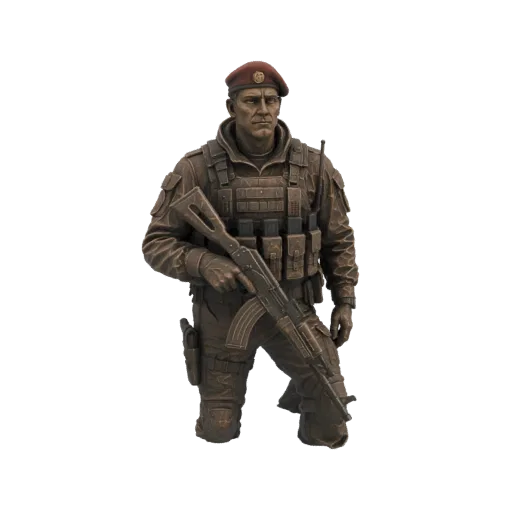 3D model of a soldier in bronze finish, wearing a red beret and tactical gear, holding an AK-47 rifle.