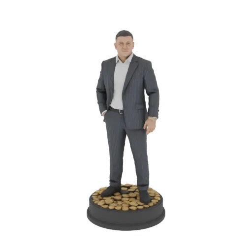 3D model of a businessman in a pinstripe suit standing on a base of gold coins, rendered against a white background.