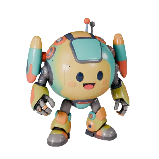 Roboter-Stil Maskottchen stilisierter 3D-Modell-Vorschau zeigt Pose, Drei-Viertel-Spielansicht, Ausdruck und glatte Spielober