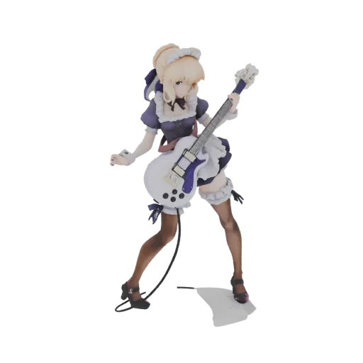 3D model of a blonde maid character in a blue and white outfit, striking a rock pose with a white electric guitar.