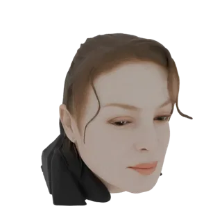 AI-generated 3D model of a woman's head with brown hair, looking down slightly, with detailed facial features and hair.
