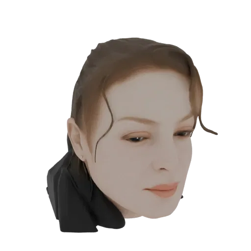 AI-generated 3D model of a woman's head with brown hair, looking down slightly, with detailed facial features and hair.