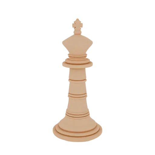 A 3D render of a classic chess king piece with a cross finial on its crown, presented against a black background.