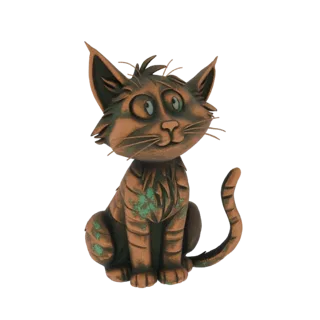 Render de modelo 3D de una caprichosa estatua de gato con acabado de cobre y verdín, sentada con ojos grandes y cuerpo rayado