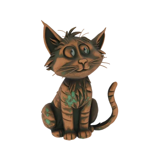 A 3D model render of a whimsical cat statue with a copper and verdigris finish, sitting with large eyes and a striped body.