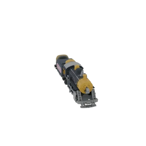 3D model of a classic black steam locomotive with a yellow smokebox, viewed from a slightly elevated angle.