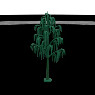 A 3D model of a weeping willow tree with green, drooping branches and a textured trunk, set against a black background.