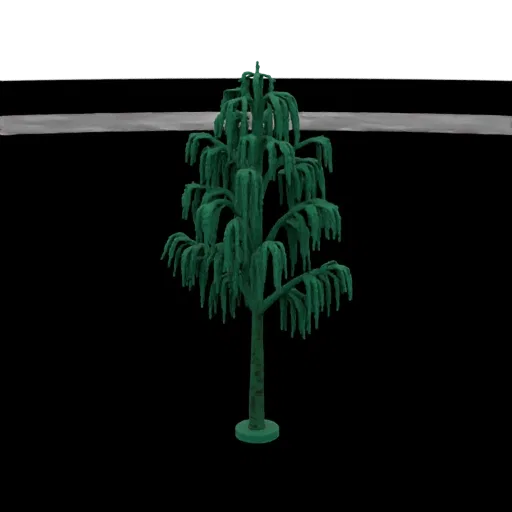 A 3D model of a weeping willow tree with green, drooping branches and a textured trunk, set against a black background.
