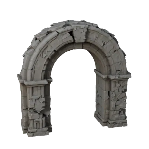 Ruined Stone Archway High Poly 3D model, close-up cinematic environment render, showing aged stone, built remnants.