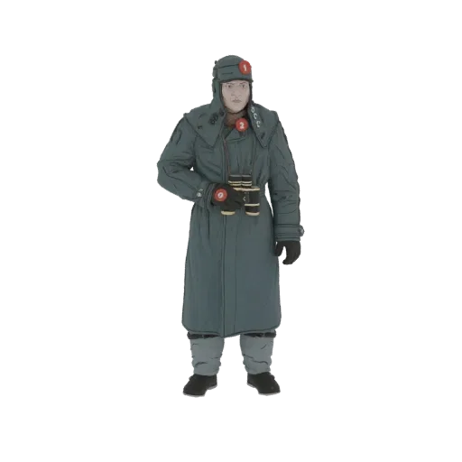 Modelo 3D de oficial soviético em uniforme de inverno cinza segurando binóculos, com insígnia vermelha no chapéu.