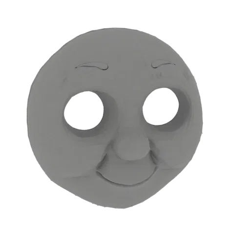 3D model render of the iconic gray face mask of Thomas the Tank Engine, featuring large round eyes and a smiling mouth.