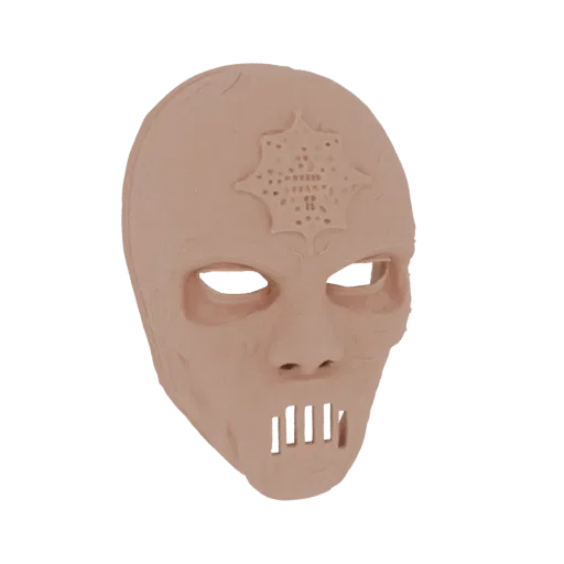 Ein 3D-Modell-Rendering einer blassen, beigen Todesser-Maske mit leeren Augenhöhlen und einem vergitterten Mund, vor weißem H