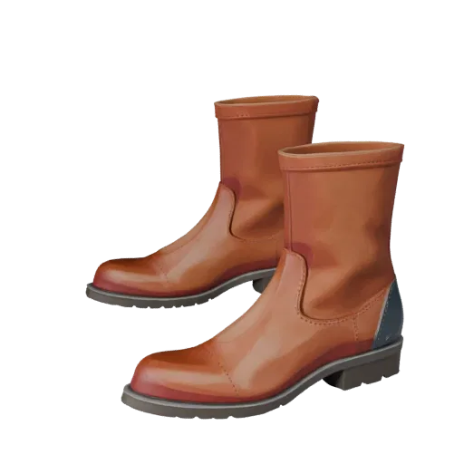 Bottes en cuir, modèle 3D prêt pour le jeu, rendu studio en perspective, avec silhouette de chaussure calibrée et rendu des m
