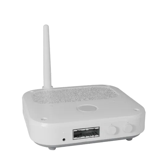 Router 3D model, three-quarter front view, AR viewer studio render, showing white plastic, compact device geometry.