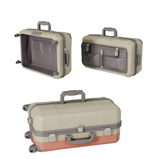 Travel Style Suitcase Low Poly 3D model, game viewport three-quarter view, showing plastic, usable openings.
