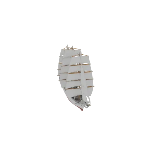 3D model of a white-sailed tall ship against a black background, viewed from a slight angle.