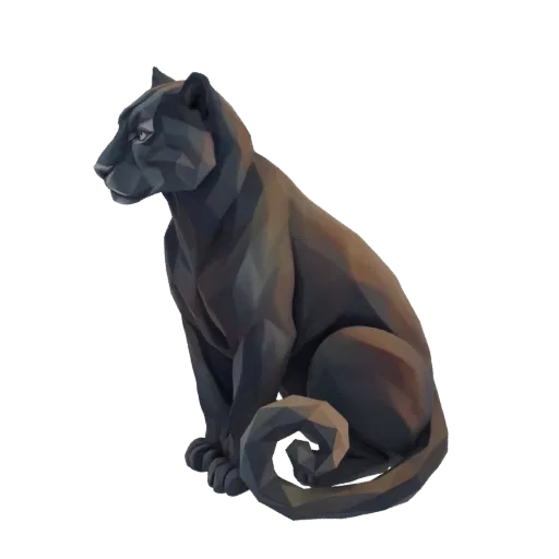 A low-poly 3D model of a black panther sitting, rendered with sharp geometric facets and a dark finish.