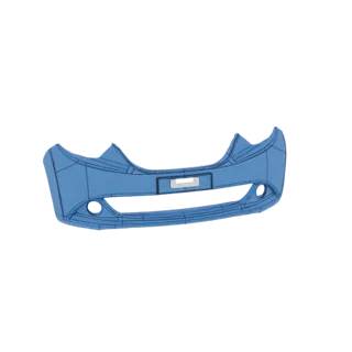 3D model of a blue car bumper with a license plate recess and fog light openings, viewed from the front.