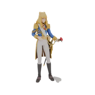 Modèle 3D d'un aristocrate élégant en uniforme militaire bleu et or, tenant une rose rouge, avec des cheveux blonds.