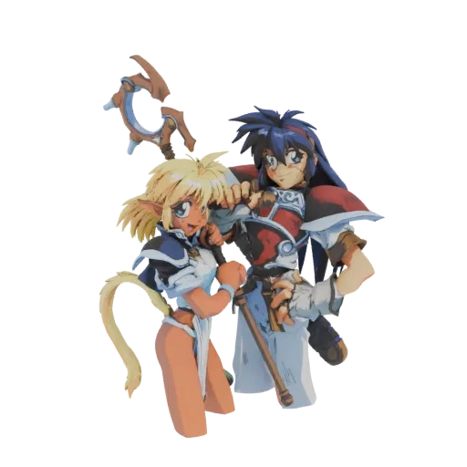 3D model of an anime fantasy duo featuring a cat-girl with a staff and a warrior in a dynamic pose.