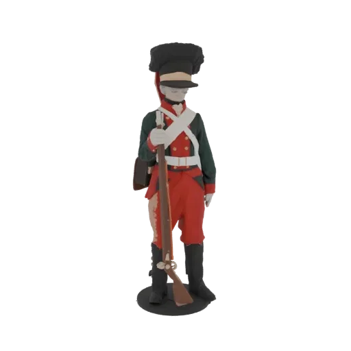 3D model of a Napoleonic era soldier in uniform, holding a musket, standing on a base.