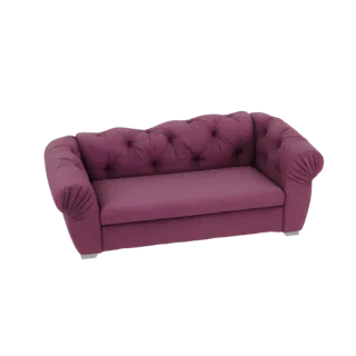 3D model of a plum velvet Chesterfield sofa with deep button tufting and rolled arms, set against a white background.