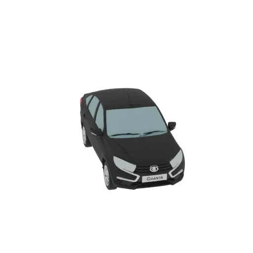 A 3D render of a black Lada Granta sedan, viewed from a slightly elevated front-right angle against a black background.