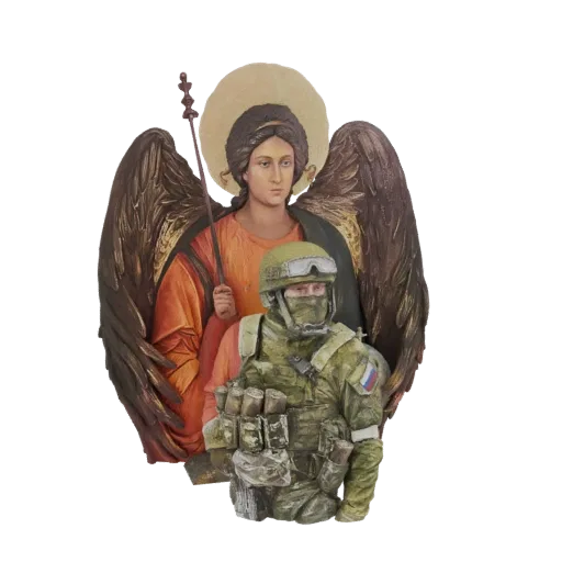 Modèle 3D d'un ange gardien aux grandes ailes se tenant derrière un soldat moderne en tenue tactique, avec une auréole au-des