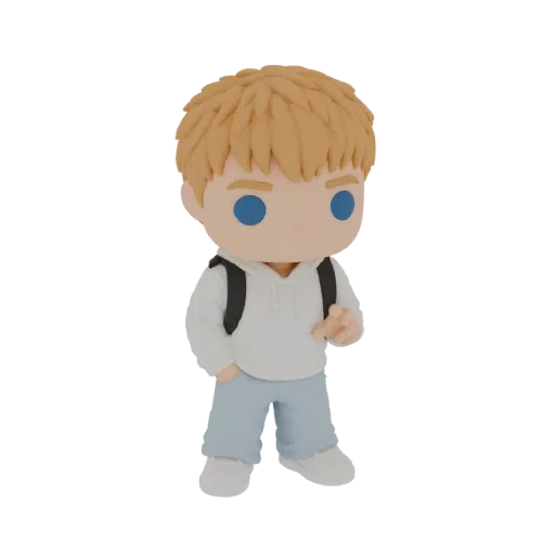 3D render of a cute chibi boy with blonde hair, blue eyes, wearing a white hoodie, blue pants, and a black backpack, pointing