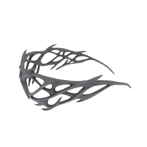 A grey 3D model of an abstract, organic, web-like headpiece with intricate, flowing structures.