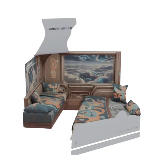 3D model of a futuristic train cabin with two beds and a large window showing a swirling cloudscape.