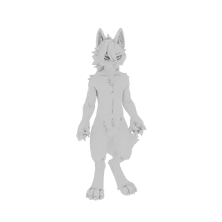 Render do modelo 3D de um personagem lobo antropomórfico em pé com orelhas pontudas e cauda, apresentado sobre um fundo branc