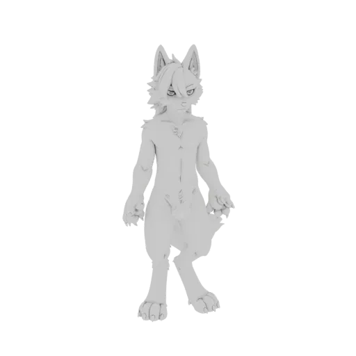 Render del modello 3D di un personaggio lupo antropomorfo in piedi con orecchie a punta e coda, presentato su sfondo bianco.