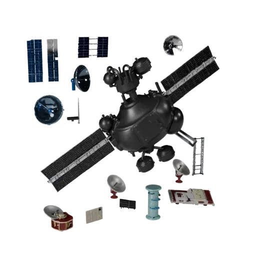 Modelo 3D modular Sonda Espacial de Navegación, vista isométrica de kit modular, mostrando paneles solares, silueta de nave e