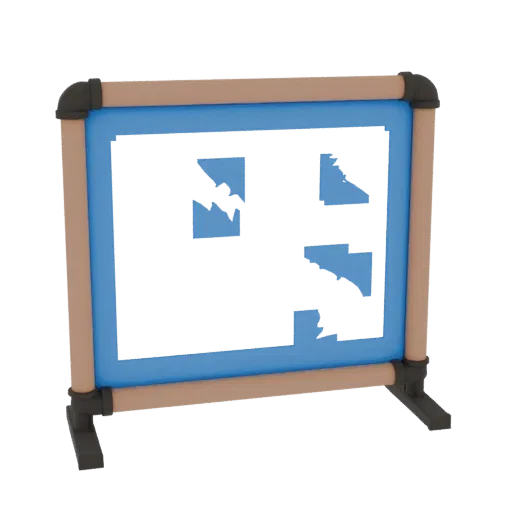 3D model of a decorative pipe screen with a blue panel and wooden frame, adorned with abstract cutouts.