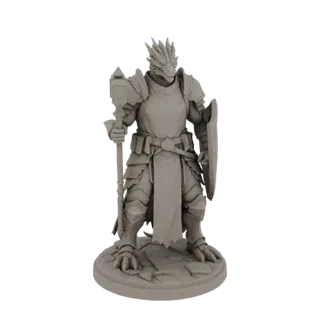 3D model of a Dragonborn Paladin warrior in full armor, holding a mace and shield, standing on a rocky base.