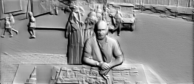 3D model of bas-relief with man, group of people, and cityscape in the background
