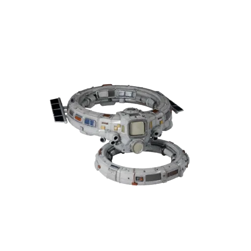 Deep Space Docking Hub Low Poly 3D model, game viewport three-quarter view, showing metal modules, form detail.