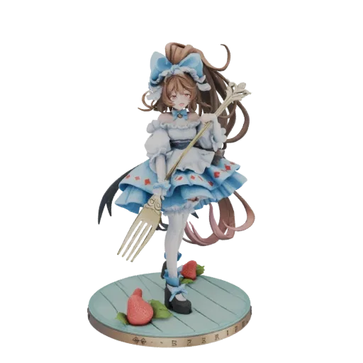 3D model of a whimsical Alice in Wonderland-inspired character with a strawberry motif, holding a golden fork, on a decorativ