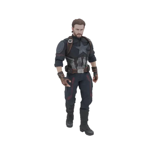 Modello 3D dell'action figure di Capitán América, in piedi e rivolto in avanti con espressione determinata.