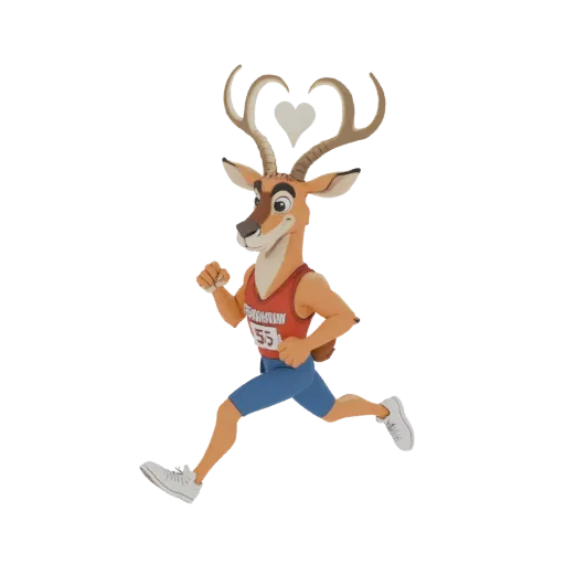 3D model of a cartoon antelope mascot running, wearing a red tank top with number 55 and blue shorts, with heart-shaped antle
