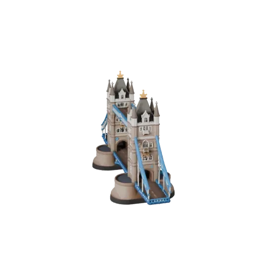 Vista isométrica estilizada do ambiente de jogo do modelo 3D estilizado da Ponte da Torre, mostrando os materiais da estrutur