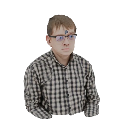 3D model of a man with short brown hair, wearing glasses, and a black spade tattoo on his forehead, dressed in a plaid shirt.