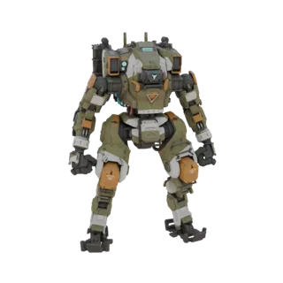 Modelo 3D do Atlas Titan de Titanfall, um grande mecha bípede verde e branco com detalhes em laranja, em pé sobre um fundo br