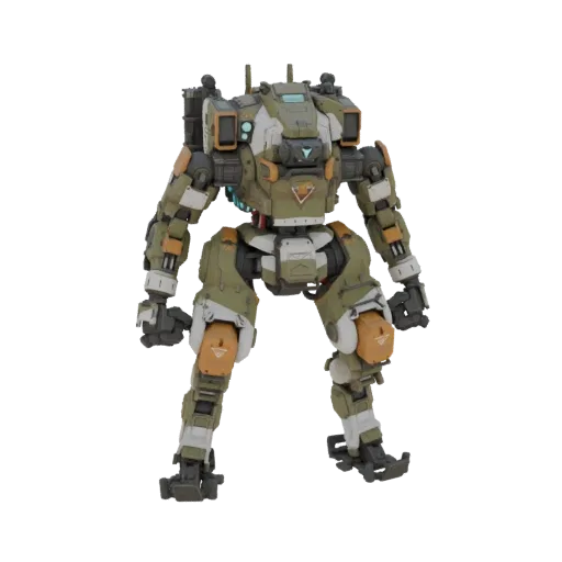 Modelo 3D del Titán Atlas de Titanfall, un mecha bípedo grande, verde y blanco con acentos naranjas, de pie sobre un fondo bl