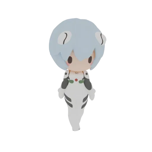 A 3D render of a chibi-style Rei Ayanami character in her white plugsuit against a black background.