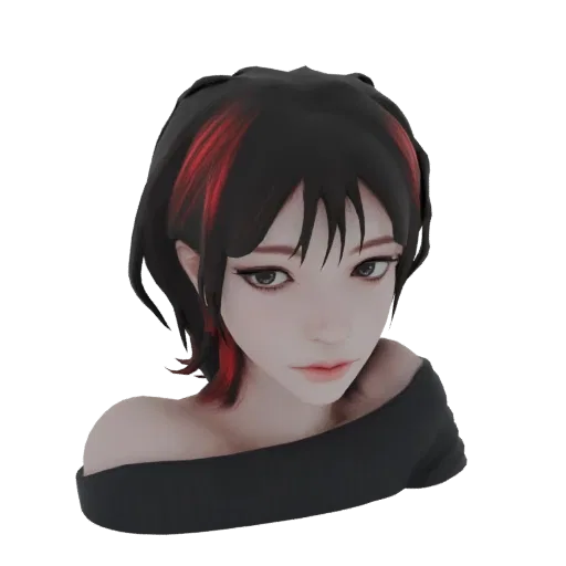 3D model of an anime girl with short black hair and red streaks, wearing an off-the-shoulder top, looking forward.