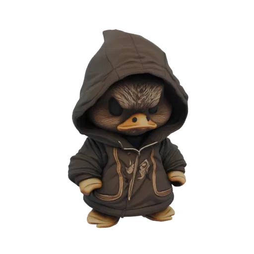 3D model of a grumpy duckling wearing a dark hoodie, with its hands in the pockets.